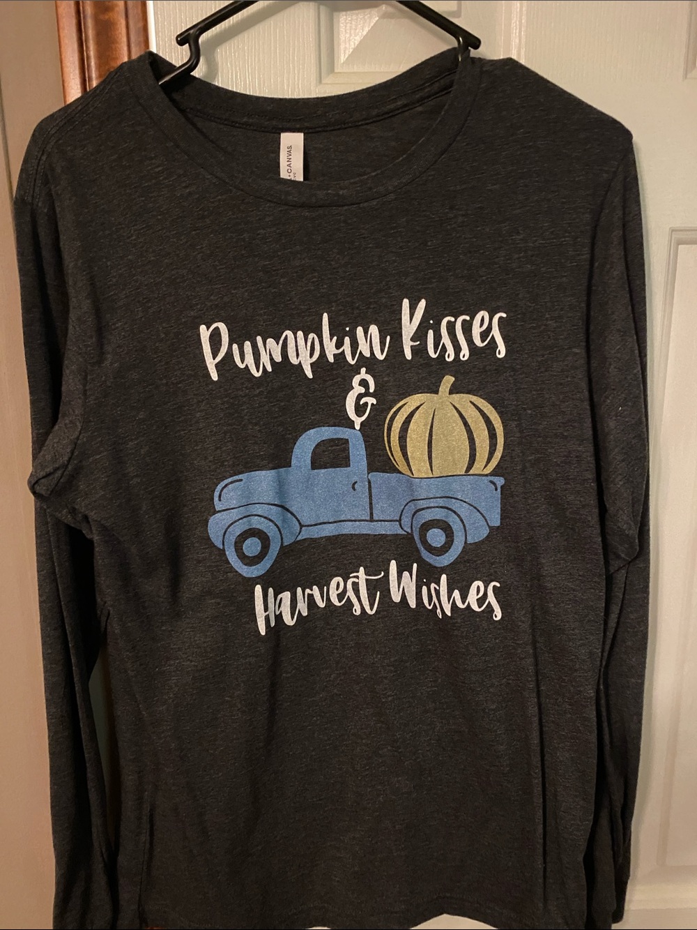 Bella Canvas Charcoal Long Sleeve Tee with Blue Truck & Gold Pumpkin Graphic